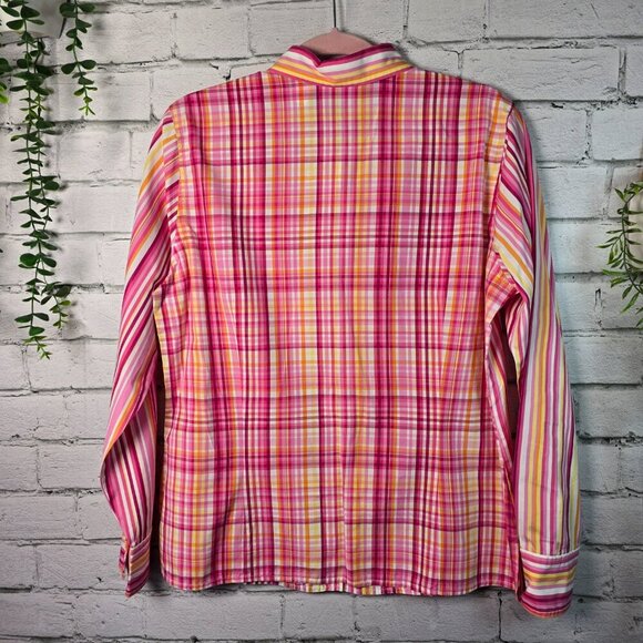 LIZ CLAIBORNE BUTTON DOWN TOP LONG SLEEVE STRIPED PINK AND ORANGE, WOMENS 10 - Picture 4 of 6